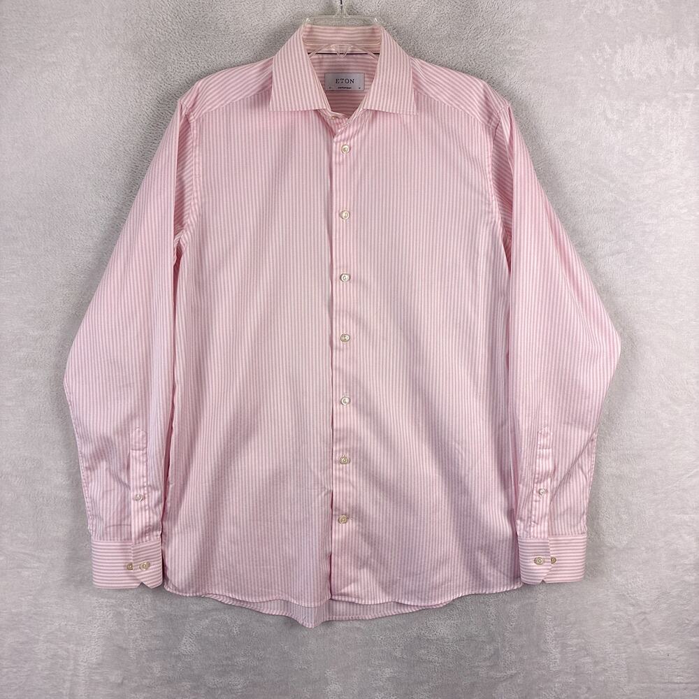Eton Shirt Mens 16 (L) Pink White Stripe Preppy Classic Luxury Heritage Summer